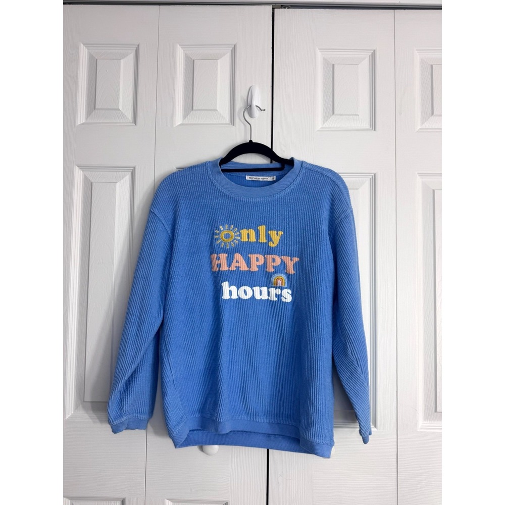 Boat House Only Happy Hours Graphic Sweater Womens Petite Small Blue Waffle Knit